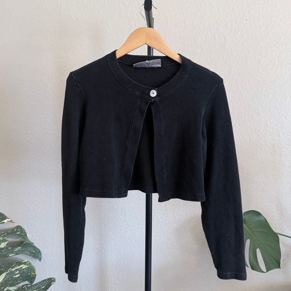 Vintage Barbara Lesser Black Waffle Knit Cropped Single Button Cardigan Sweater